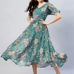 RARE Women Teal & Mustard Yellow Floral Printed Georgette Midi Dress-image-9