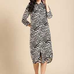 DODO & MOA Black & White Animal Crepe Shirt Midi Dress-image-20