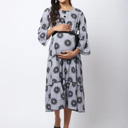 Frempy Black & Grey Floral Maternity Empire Midi Dress-picture-21