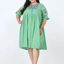 SAAKAA Plus Size Floral Embroidered Tie-Up Neck A-Line Dress-58