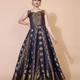PRENEA Women Navy Blue Ethnic Motifs Jacquard Maxi Dress-image-8