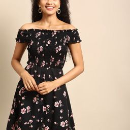 DODO & MOA Women Black Floral Off-Shoulder Crepe A-Line Dress-image-39