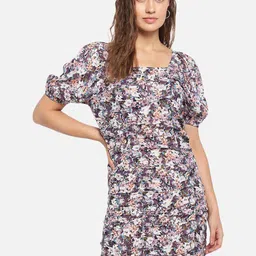 Trend Arrest Purple & White Floral Printed Ruched Sheath Dress-68