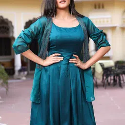Lavanya The Label Round Neck Satin Dress With Shrug-11