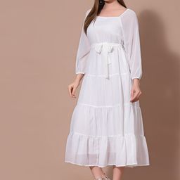 Strong And Brave Women Off WhiteSolid Polyester Georgette Midi Dress-image-88