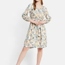 METTLE Floral Printed V-Neck Puff Sleeves Cotton A-Line Dress-image-0