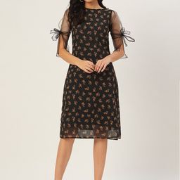 DODO & MOA Women Black & Beige Floral Printed A-Line Midi Dress-image-100