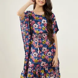 The Kaftan Company Blue & rich black Floral Blouson Dress-image-39