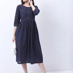 Vishudh Navy Blue Striped Cotton Fit & Flare Midi Dress-image-57