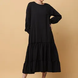 BLACK & BLAH BLAH Round Neck Cotton Ruffled A-Line Midi Dress-image-6