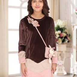 CUTECUMBER Girls Brown & Pink Colourblocked Velvet Sheath Dress-picture-31