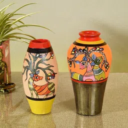 AAKRITI ART CREATIONS Set of 2 Olive & Orange Printed Terracotta Vases-image-11