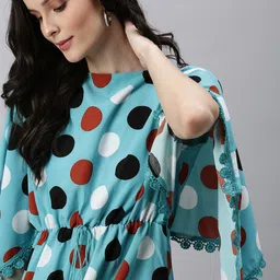 SHOWOFF Blue & Black Polka Dots Printed Crepe Kaftan Dress-image-53
