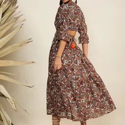 WineRed Paisley Printed Bell Sleeves Cut-Out Pure Cotton Fit and Flare Maxi Dress-picture-28