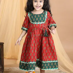 Sangria Girls Ethnic Motif Printed A-Line Midi Cotton Dress-image-40