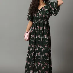 SHOWOFF Floral Printed Flutter Sleeves Gathered Fit & Flare Maxi Dress-picture-15