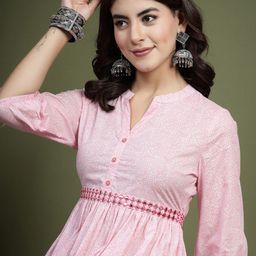 Sangria Floral Printed Mandarin Collar Mirror Work Cotton Fit & Flare Midi Ethnic Dress-picture-53