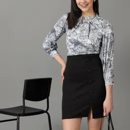 SHOWOFF Round Neck Abstract Printed Crepe Sheath Dress-picture-35