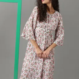SHOWOFF Round Neck Accordion Pleats Floral Printed Chiffon A-Line Dress With Belt-image-32