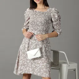 SHOWOFF Floral Printed Smocked Puff Sleeves  A-Line Dress-picture-49