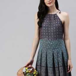 SHOWOFF Turquoise Blue Floral Printed Pleated Fit & Flare Dress-image-55