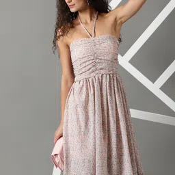 SHOWOFF Floral Printed Gathered Ruched Fit & Flare Dress-image-76