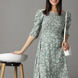 SHOWOFF Floral Printed Smocked Puff SleevesA-Line Dress-picture-35