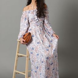 SHOWOFF Floral Printed Off-Shoulder Puff Sleeves Gathered Fit & Flare Maxi Dress-image-53