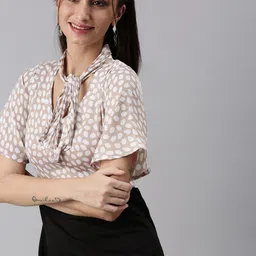 SHOWOFF Women Beige & Black Tie-Up Neck Blouson Dress-image-8