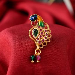 Silvermerc Designs Pink & Green Stone Studded Gold-Plated & Beaded Peacock Nose Stud-image-2