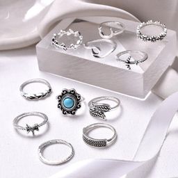 JOKER & WITCH Silver-Toned Set of 10 Oxidised Ryla Boho Rings-image-25