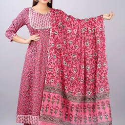 Glorious Women Pink Ethnic Motifs Printed Empire Gotta Patti Pure Cotton Kurta with Trousers & With Dupatta-image-11