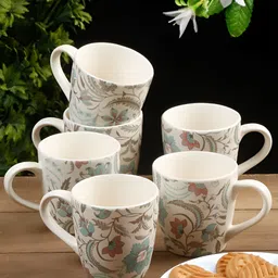 Arrabi White & Blue 6 Pcs Handcrafted Printed Ceramic Stoneware Matte Cups image 1