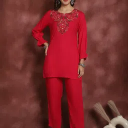 Prakrti Red Floral Embroidered Notch Neck Pure Cotton Tunic With Trouser-image-24