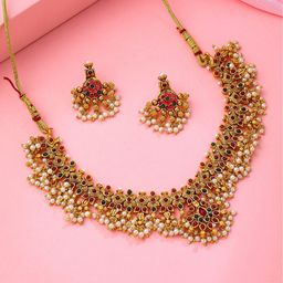 Yellow Chimes Gold-Plated Stone Studded & Beaded Necklace and Earrings-image-54