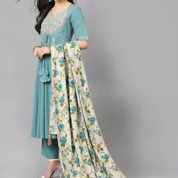 Khushal K Women Floral Embroidered Regular Thread Work Kurta with Trousers & With Dupatta-1