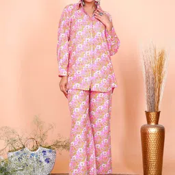Salvia Sky Floral Printed Long Sleeves Pure Cotton Shirt With Trousers-image-20