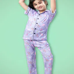 BURBN Girls Lapel Collar Short Sleeves Printed Night suit-picture-58