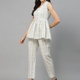 Stylum Off White Self Designed V-Neck Top & Trousers Co-Ord Set-image-9