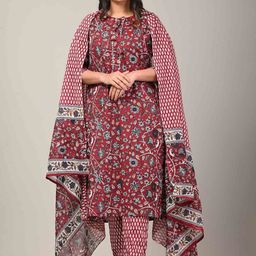 YUSRA Floral Printed Tie-Up Neck Regular Kurta with Trousers & Dupatta-image-43