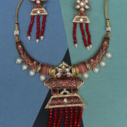 Ozanoo Gold-Plated Kundan-Studded & Beaded Antique Necklace & Earrings-image-41