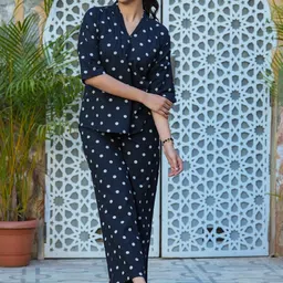 SANSKRUTIHOMES Navy Blue Printed Pure Cotton Notched Lapel Collar Top With Trousers-4