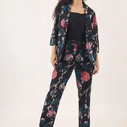 DressBerry Black Printed Pure Cotton Notched Lapel Collar Blazer With Trousers-4