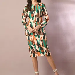 DressBerry Beige Printed Round Neck Top With Skirt-image-64
