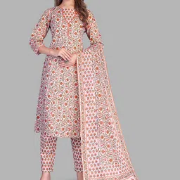 NH KAPDEWALA Floral Printed Pure Cotton Kurta with Trousers & Dupatta-picture-26