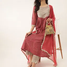 Khushal K Bandhani Printed Sequined Zari A-Line Kurta with Palazzos & Dupatta image 2