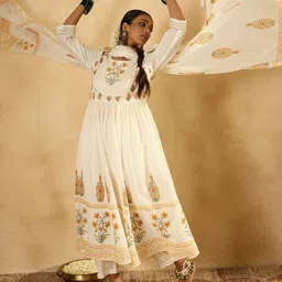 Indo Era Floral Printed Empire Pure Cotton A-Line Kurta With Trousers & Dupatta-picture-57