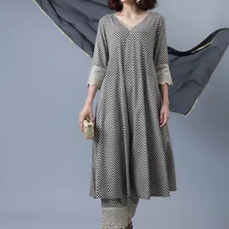 Khushal K Chevron Printed Empire Gotta Patti Kurta with Trousers & With Dupatta-image-88