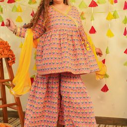NANGALIA RUCHIRA Ethnic Motifs Printed V-Neck Angrakha Pure Cotton A-Line Kurti Set-image-67