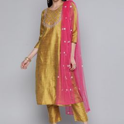 Kvsfab Women Gold-Toned Floral Embroidered Sequinned Kurta with Trousers & With Dupatta-27